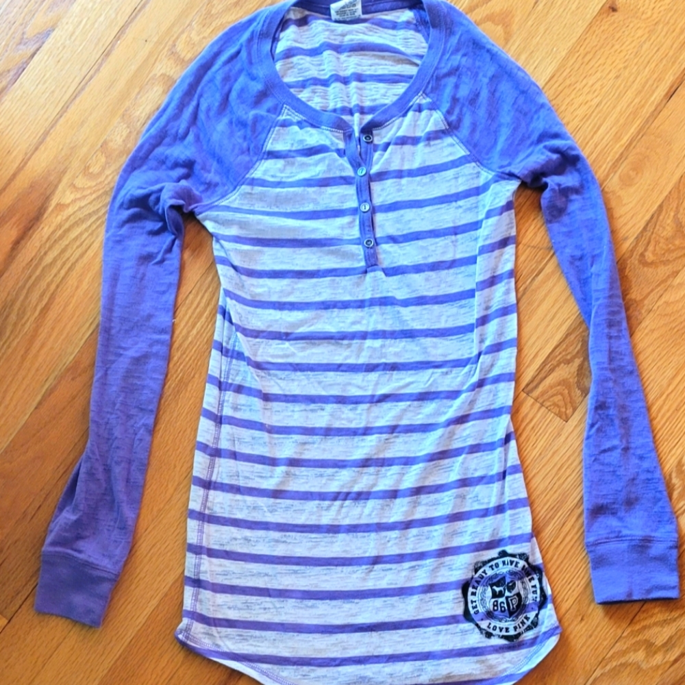 VS PINK Striped LS Henley Tee